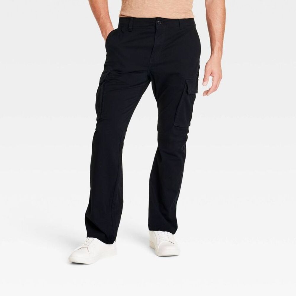 Men's Midweight Cotton Stretch Straight Fit Cargo Pants - Black 30x32